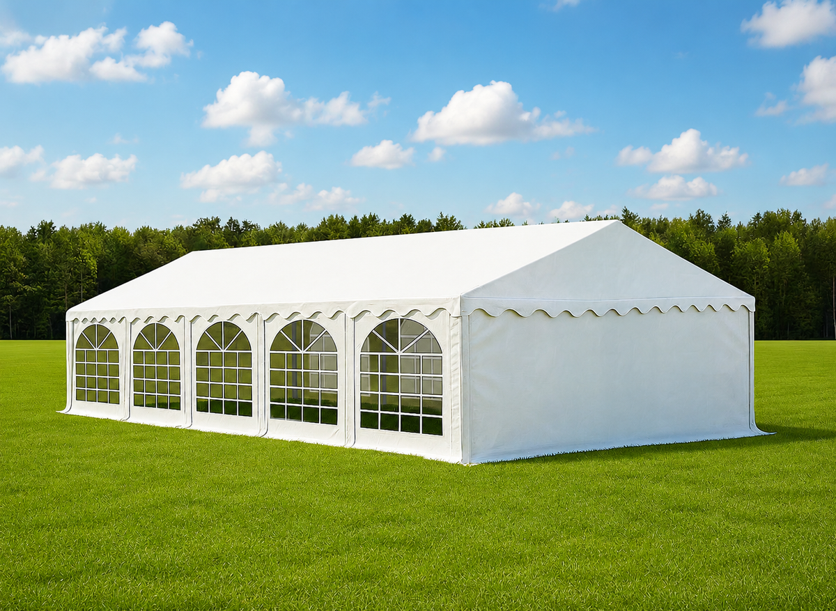 Partyzelt Premium PVC feuerresistent 4×10 m weiß